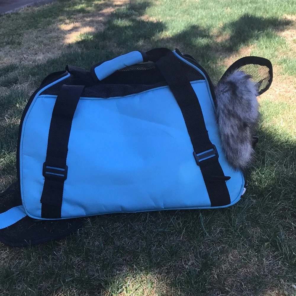 - Pet Carrier with shoulder strap light blue and black well vented used 1x